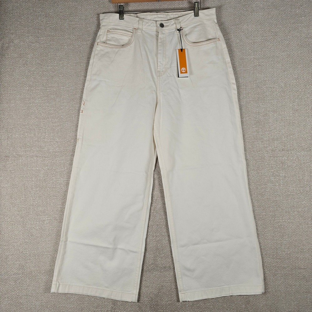 Timberland Women Wide Leg Carpenter Pants Cream White TB0A5YXB W33 L28 NEW